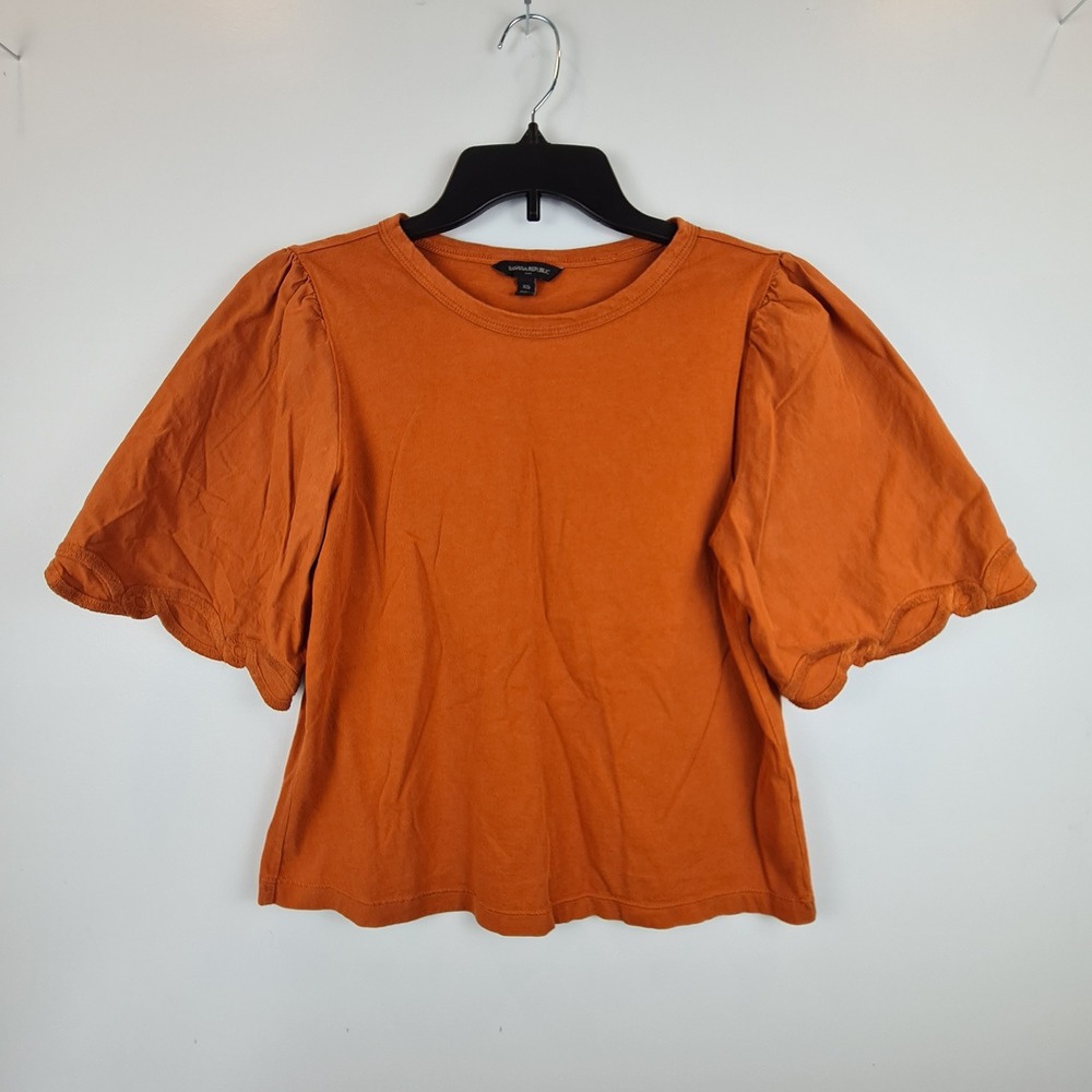 Banana Republic Womens XS Burnt Orange Puff Sleeve Scalloped Cotton T-Shirt Top
